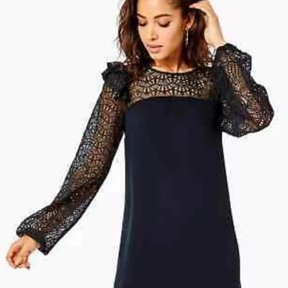 NWT Lilly Pulitzer Karolina Dress in Onyx Black 00 LBD Ruffle Lace Long Sleeves - Picture 2 of 11